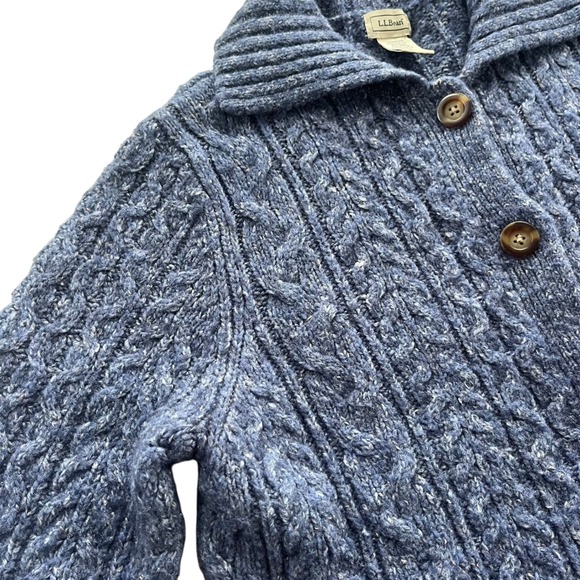 LL Bean Vintage L Blue Cable Knit Wool Bl Buttons Chunky Cardigan Sweater Granny - Picture 9 of 16